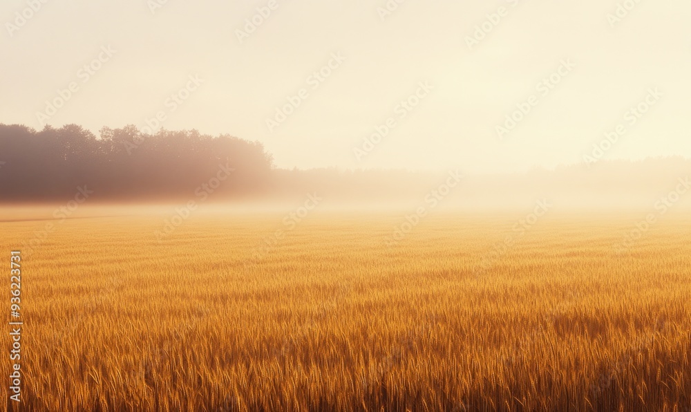 Wheat field at dawn, soft light, golden hues, misty horizon Wheat field at dawn, soft light, golden hues, misty horizon