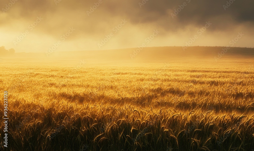 Fototapeta premium Wheat field at dawn, soft light, golden hues, misty horizon