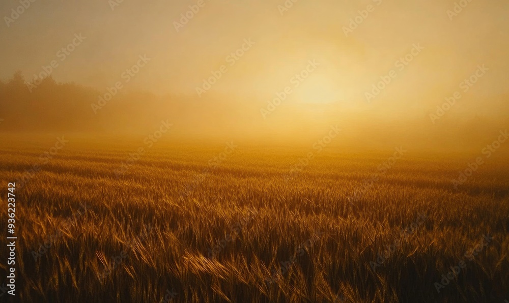 Wheat field at dawn, soft light, golden hues, misty horizon Wheat field at dawn, soft light, golden hues, misty horizon