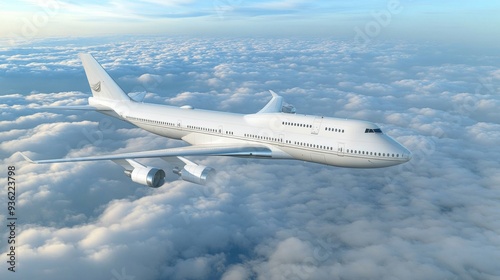 Passenger plane in flight. The wide-body 4-engine aircraft flying over the clouds. Side view of aircraft.
