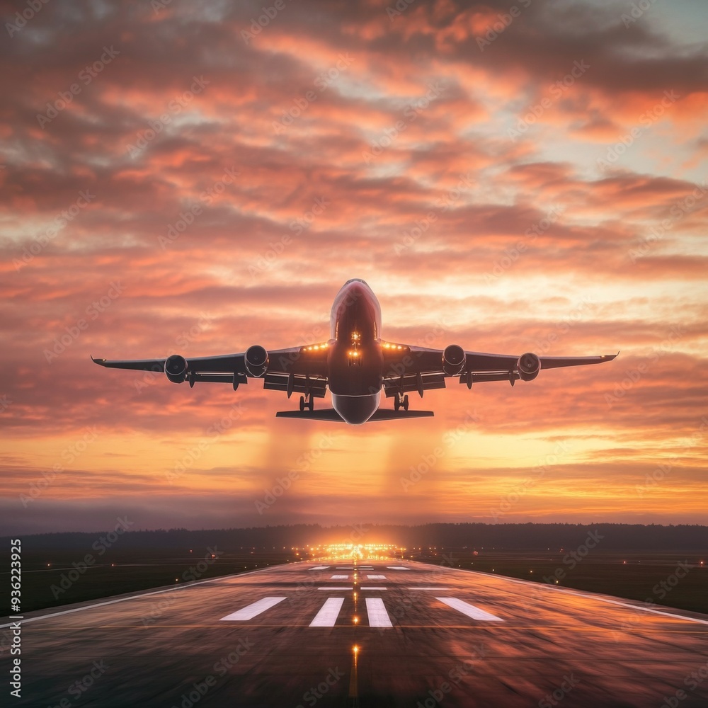 Fototapeta premium passenger plane take off from runways against beautiful dusky sky with copy space use for air transport ,journey and traveling industry business
