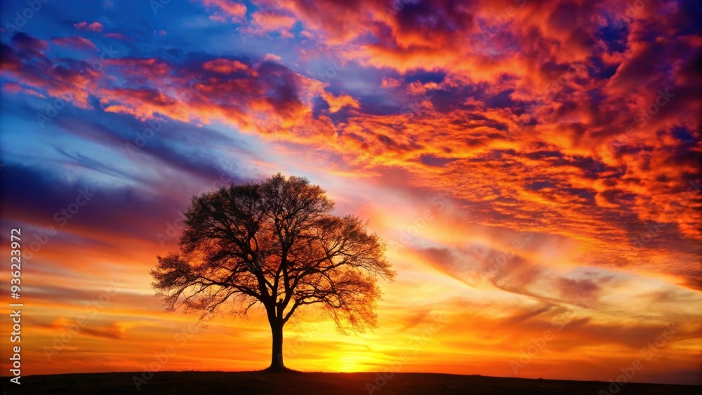 Tree silhouette against vibrant sunset sky, nature, landscape, evening, dusk, peaceful, serene, beauty, outdoors, twilight, silhouette Tree silhouette against vibrant sunset sky, nature, landscape, evening, dusk, peaceful, serene, beauty, outdoors, twilight, silhouette