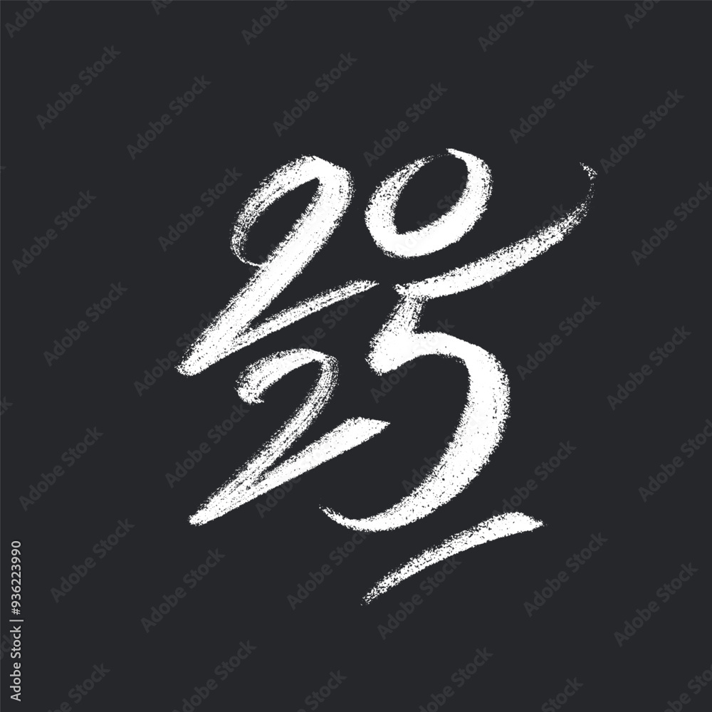 2025 hand drawn typography logo design concept. New Year number in white chalk on black board background. Design for greeting materials.