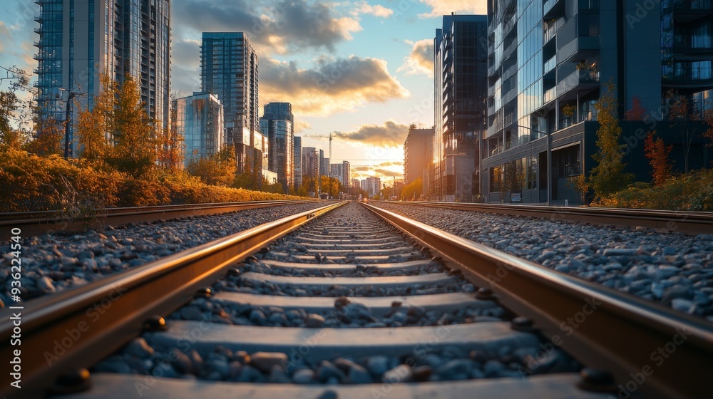 Fototapeta premium perspective of railway track forward to building in city