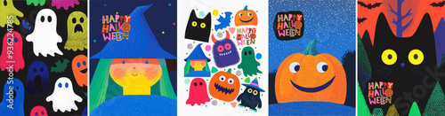 Happy Halloween. Vector cute childish naive illustrations of characters, pumpkin, black cat, ghost, pattern, witch, logo for greeting card, poster, flyer or background
