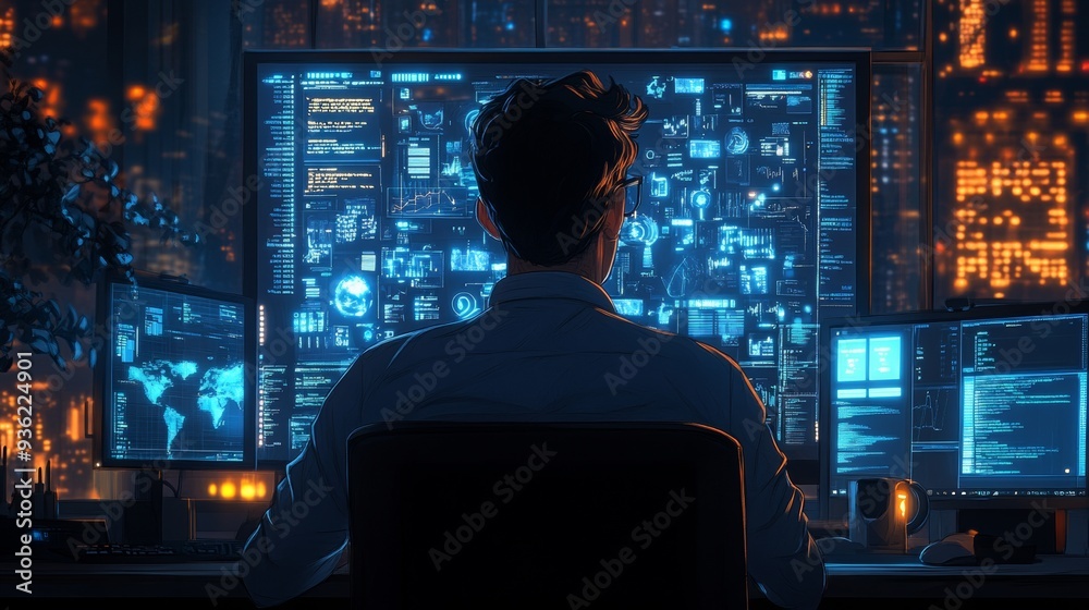A man is sitting at a computer, data is projected in front of him. A man is sitting at a computer, data is projected in front of him.