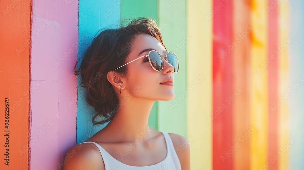 Woman wearing sunglasses in front of colorful wall, AI-generative Woman wearing sunglasses in front of colorful wall, AI-generative