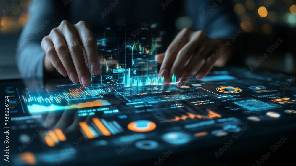 Data analytics and diagrams are displayed in front of the person working with them. Data analytics and diagrams are displayed in front of the person working with them.