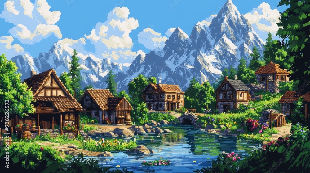 Fototapeta premium Picturesque pixel art village set against towering mountains, with lush greenery and vibrant colors, creating a serene and detailed scene.