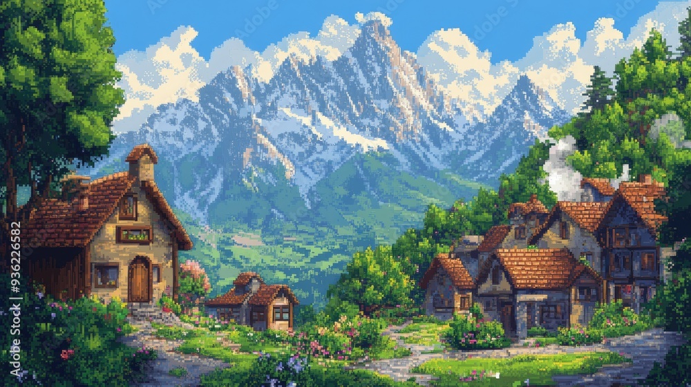 Picturesque pixel art village set against towering mountains, with lush greenery and vibrant colors, creating a serene and detailed scene. Picturesque pixel art village set against towering mountains, with lush greenery and vibrant colors, creating a serene and detailed scene.