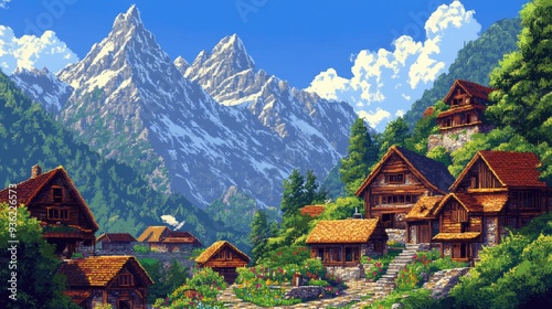 Picturesque pixel art village set against towering mountains, with lush greenery and vibrant colors, creating a serene and detailed scene.