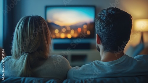 A couple relaxes together at home, streaming a show on their TV while enjoying each other's company in a cozy atmosphere