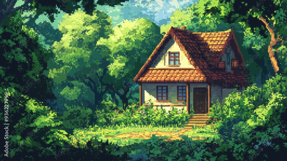 Pixel art house surrounded by dense, green forest, featuring bright and vibrant colors, perfect for an anime-style isekai scene Pixel art house surrounded by dense, green forest, featuring bright and vibrant colors, perfect for an anime-style isekai scene
