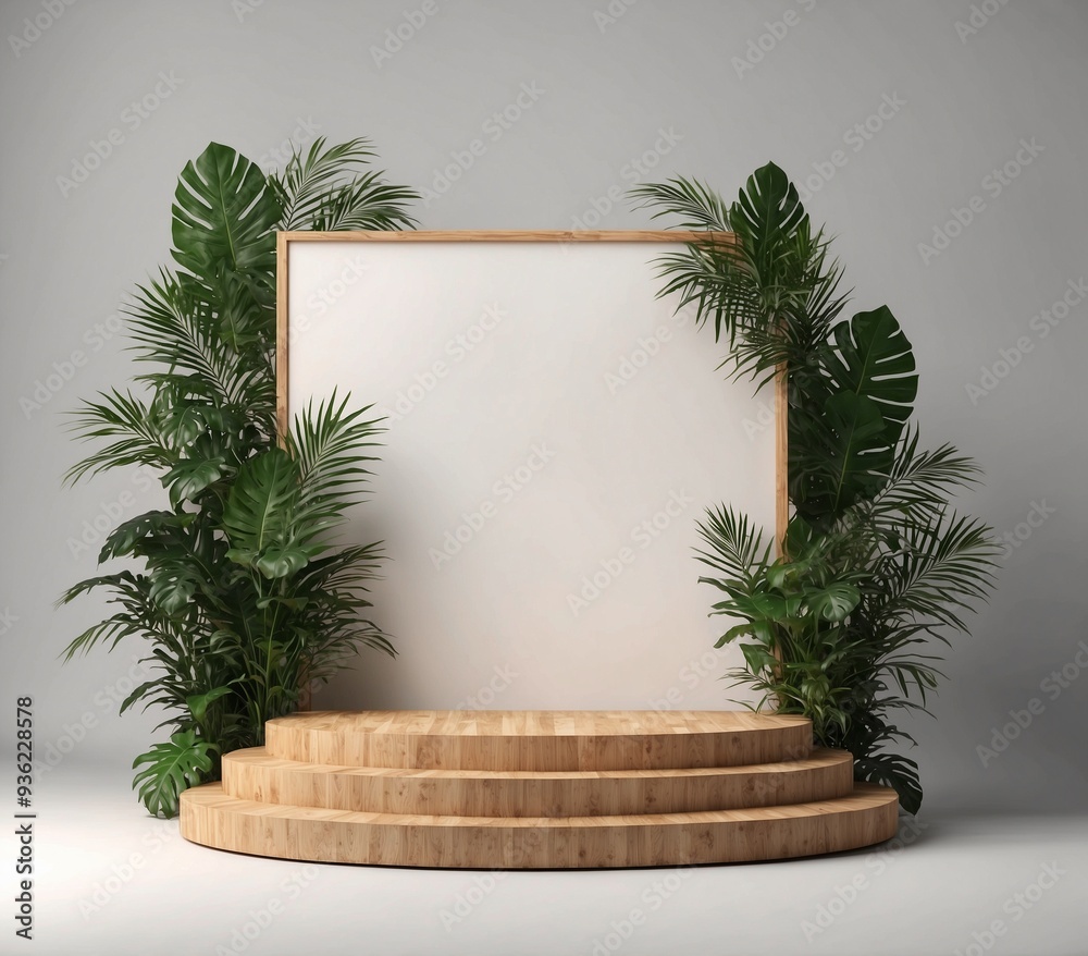 product display background a table with plants and a stone wall with a stone circle on it