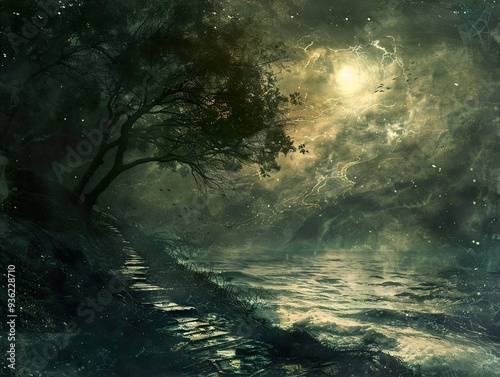 Dramatic Stormy Night Landscape with Path and Trees