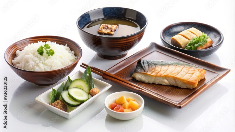 Delicious Japanese breakfast with miso soup, rice, grilled fish, pickles, and tofu against a simple white background Delicious Japanese breakfast with miso soup, rice, grilled fish, pickles, and tofu against a simple white background