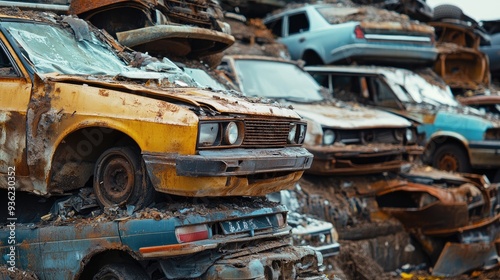 Rusty, broken cars stacked in a dump, illustrating the harsh reality of automotive disposal and recycling.