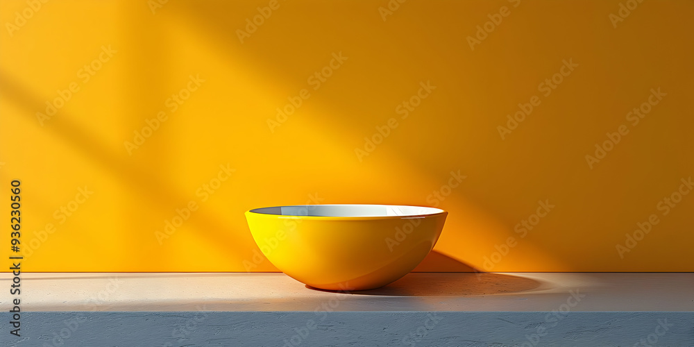 Yellow Bowl on Shelf with Copy Space, Minimalist Product Display for Design Inspiration Yellow Bowl on Shelf with Copy Space, Minimalist Product Display for Design Inspiration
