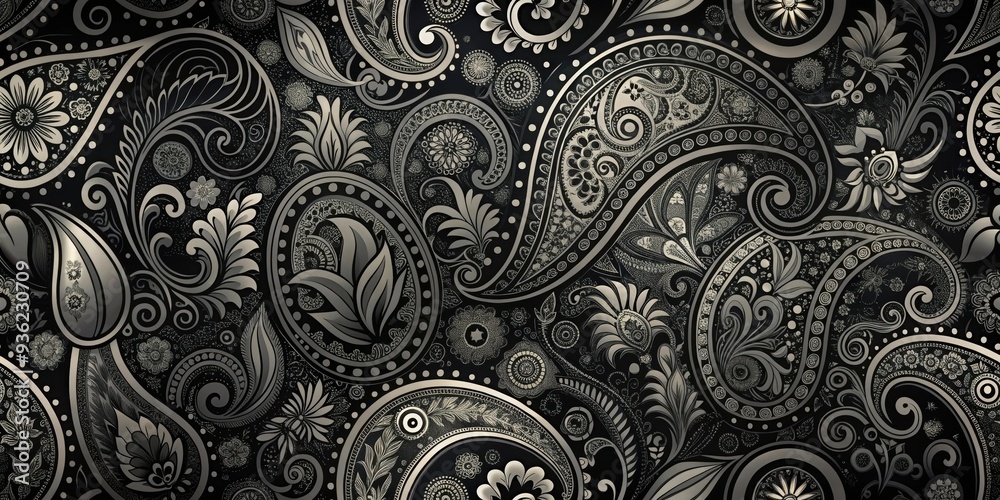 Elegant black paisley pattern with intricate swirls and floral motifs in a monochrome palette, paisley, elegant Elegant black paisley pattern with intricate swirls and floral motifs in a monochrome palette, paisley, elegant