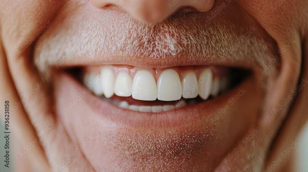 Obraz premium Senior man smile in close-up, highlighting white teeth and oral hygiene, perfect for dental clinic advertisements.