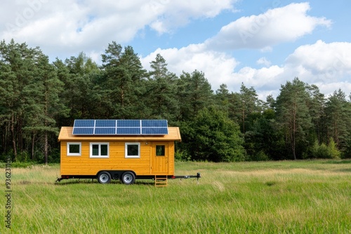 Solar-powered tiny house in the middle of a green forest