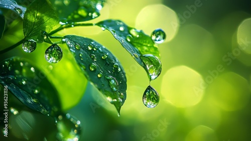 Vibrant greenery serves as a backdrop for glistening water droplets, suspended in mid-air.