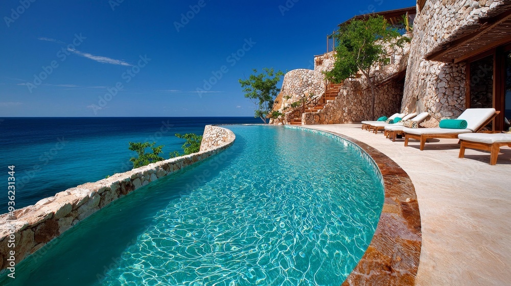 Fototapeta premium Infinity pool at a cliffside resort, blending seamlessly with the horizon.