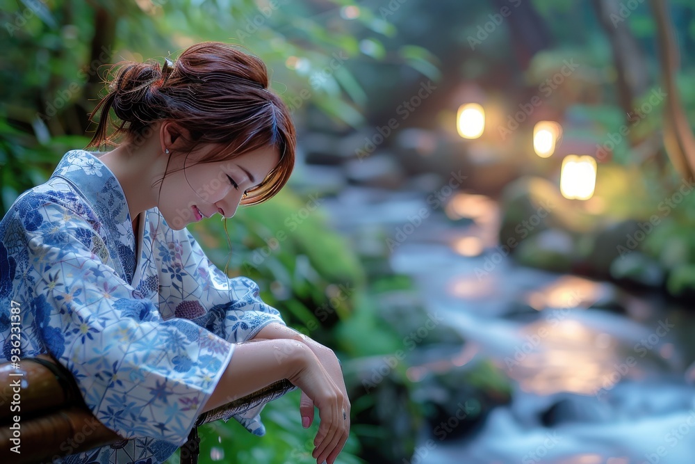 Japanese woman wearing a yukata standing in front of nature bokeh background