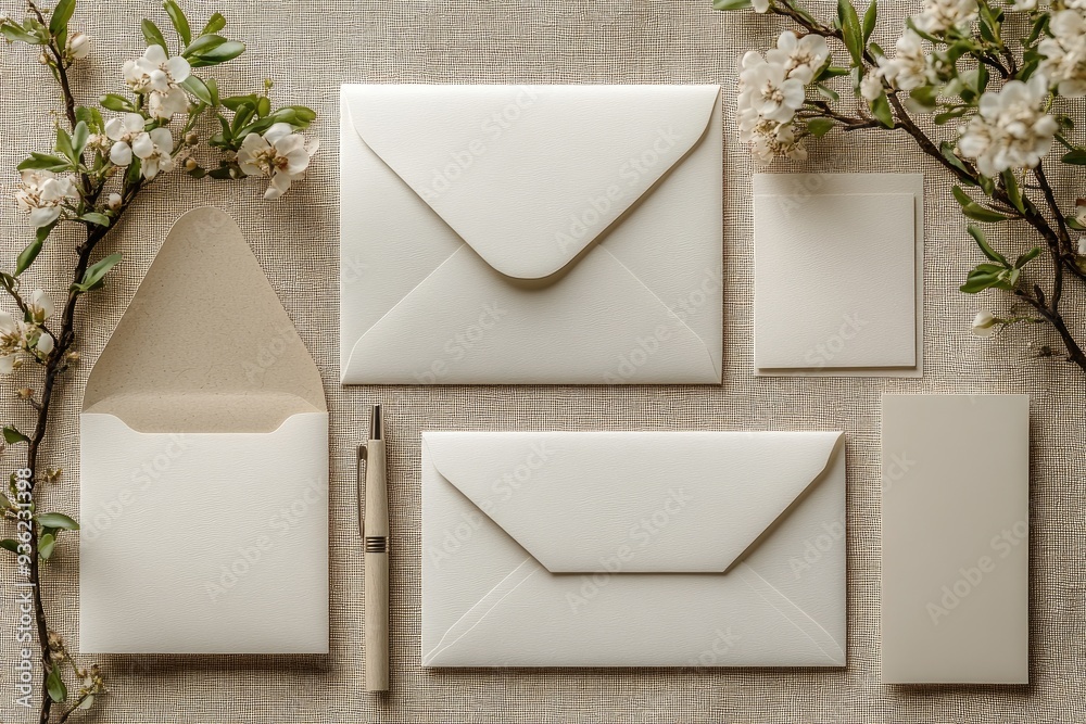Elegant Envelopes and Branch with White Flowers on Linen Background Elegant Envelopes and Branch with White Flowers on Linen Background