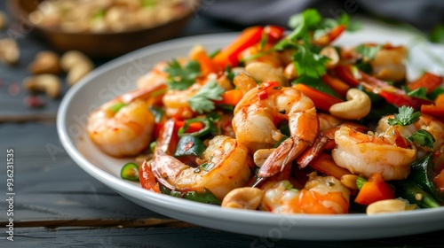 Delicious stir-fried shrimp are beautifully arranged with an array of fresh vegetables and crunchy cashews, evoking warmth and flavor in a delightful kitchen atmosphere