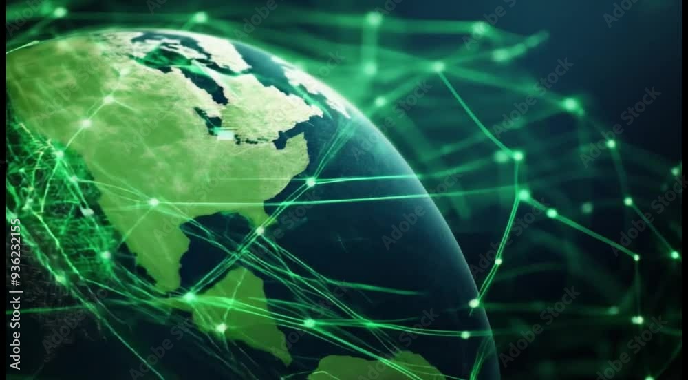 Pulsating green circuits overlaying a digital earth, connecting global ecotechnologies, abstract environment technology, global eco-tech