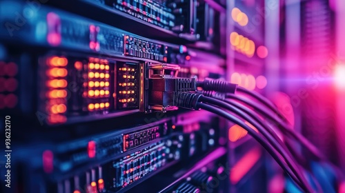 Server rack with fiber optic cables and a close-up of a networking cable, showcasing high-speed data connections.