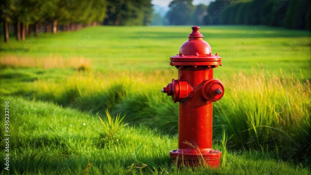 Red fire hydrant standing tall in a lush green field, fire hydrant, red, green, field, grass, safety, emergency Red fire hydrant standing tall in a lush green field, fire hydrant, red, green, field, grass, safety, emergency