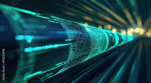Abstract green energy pulses flowing through digital pipelines into a smart city, abstract environment technology, sustainable infrastructure