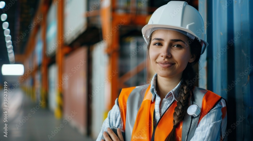 A cheerful young woman in safety gear beams with confidence in a vibrant warehouse. Her smile reflects pride in her work environment full of activity and purpose A cheerful young woman in safety gear beams with confidence in a vibrant warehouse. Her smile reflects pride in her work environment full of activity and purpose
