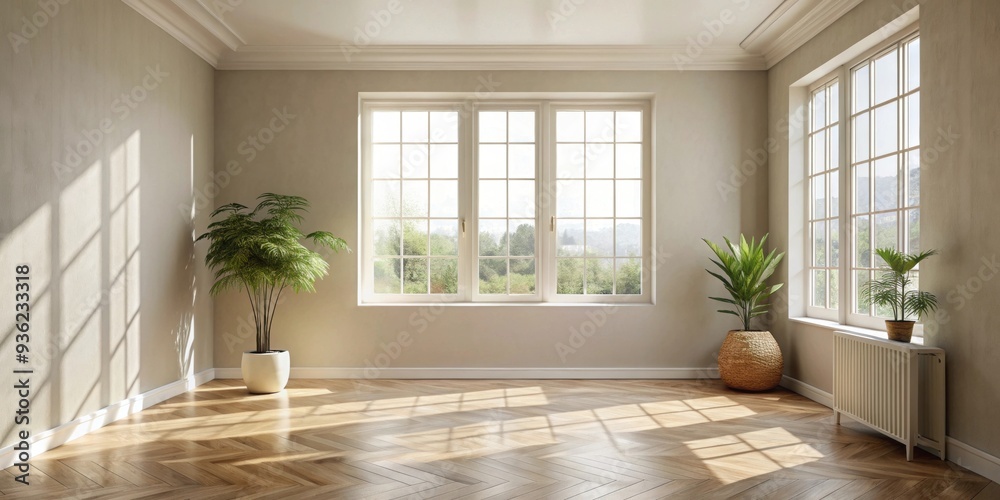 Fototapeta premium Empty room with neutral decor and natural light streaming in the window , move-in ready, minimalist, clean