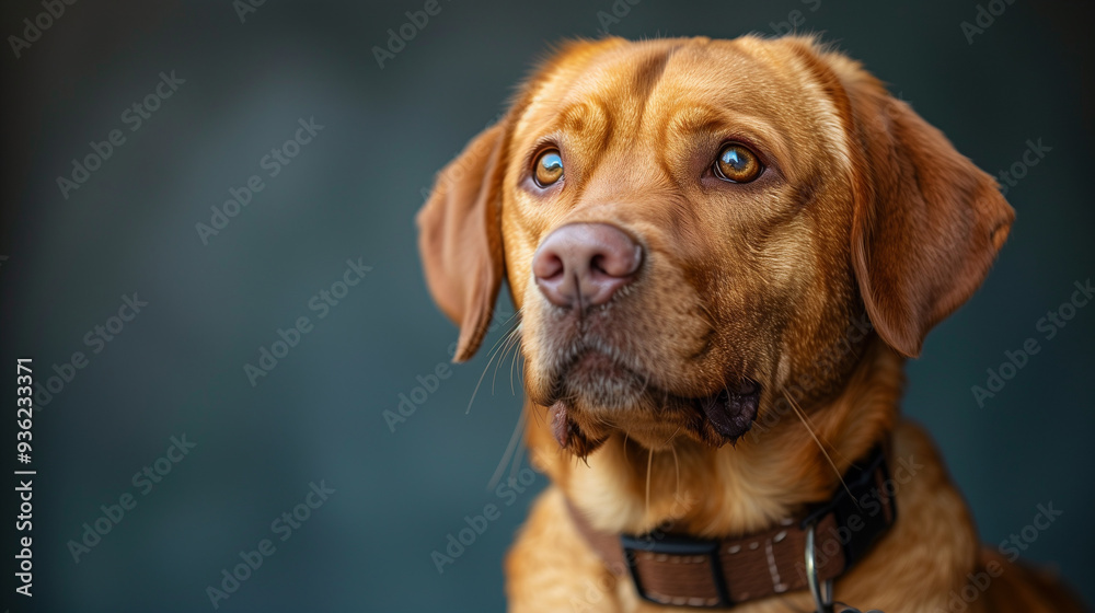 A close-up portrait of a golden Labrador Retriever, showcasing a thoughtful expression with soft lighting on a dark background A close-up portrait of a golden Labrador Retriever, showcasing a thoughtful expression with soft lighting on a dark background
