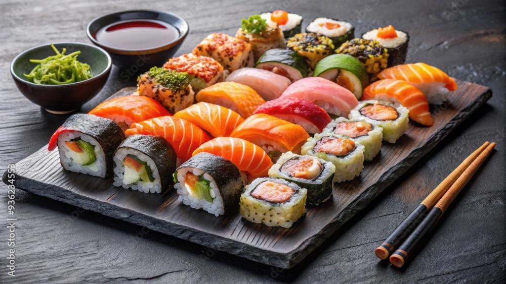Exquisite assorted sushi platter on slate plate with wooden chopsticks Exquisite assorted sushi platter on slate plate with wooden chopsticks