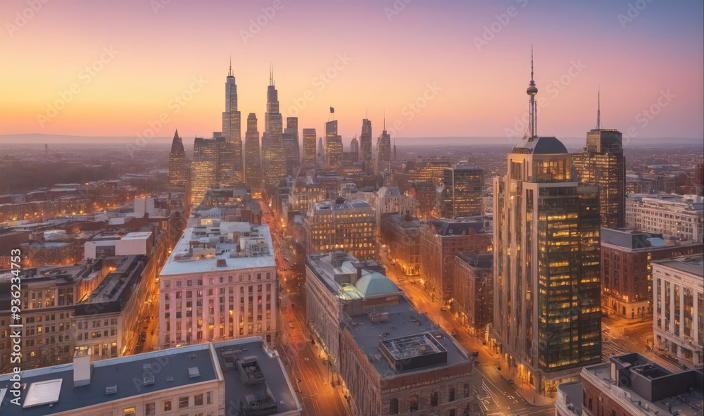 Naklejka premium The Philadelphia skyline glows in the light of a sunrise