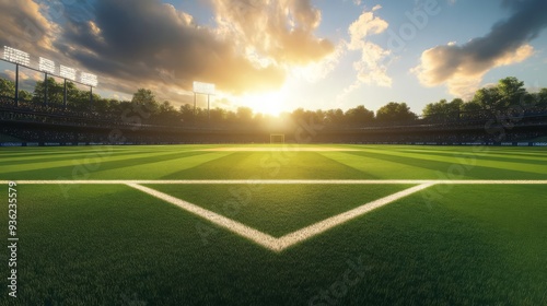 Cricket ground during sunset, shadows on the field, 3D illustration