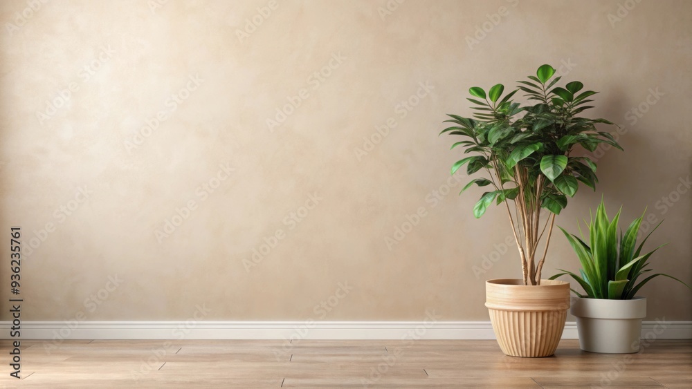 Neutral colored wall background with a lush potted plant in the foreground, neutral, wall, background, potted plant, indoor Neutral colored wall background with a lush potted plant in the foreground, neutral, wall, background, potted plant, indoor