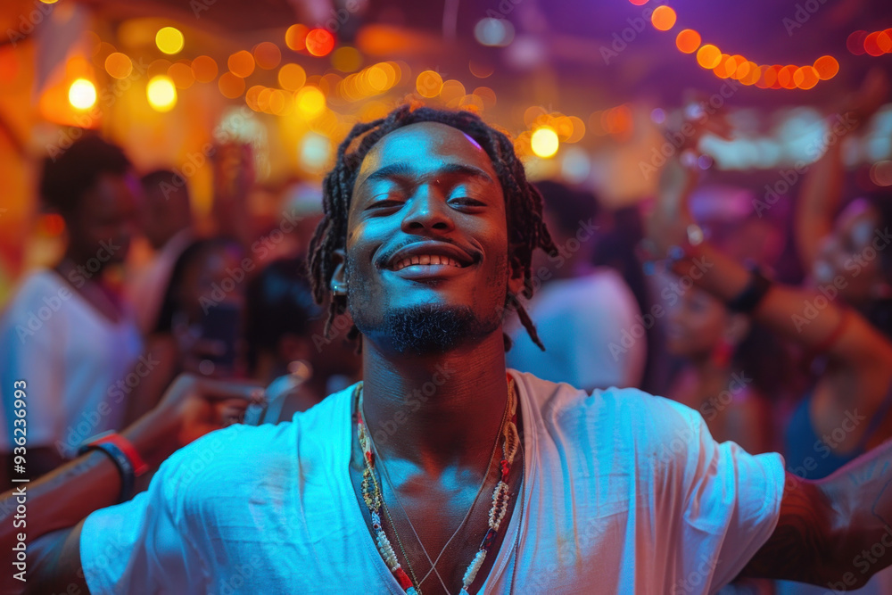 Joyful young man dancing at vibrant night party with friends Joyful young man dancing at vibrant night party with friends