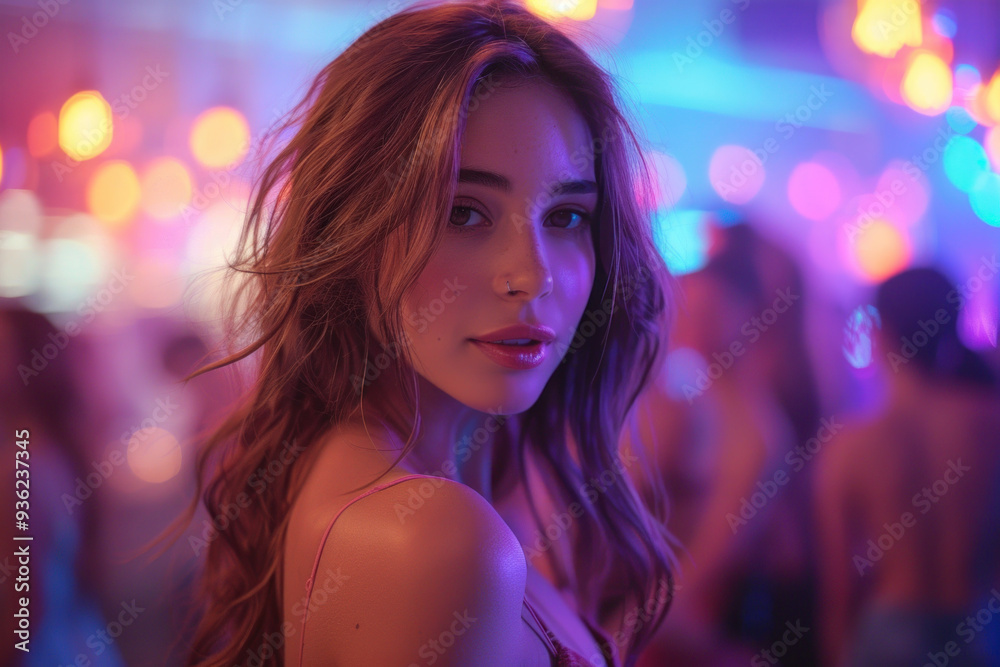 Portrait of woman in nightclub with vibrant neon lighting Portrait of woman in nightclub with vibrant neon lighting