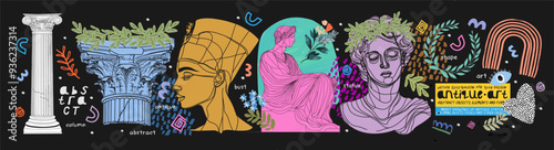 Art objects for the exhibition of classical antique and modern painting, sculpture and music. Line illustrations, plaster bust, statue, column, vase, order, laurel wreath, Nefertiti and abstract forms
