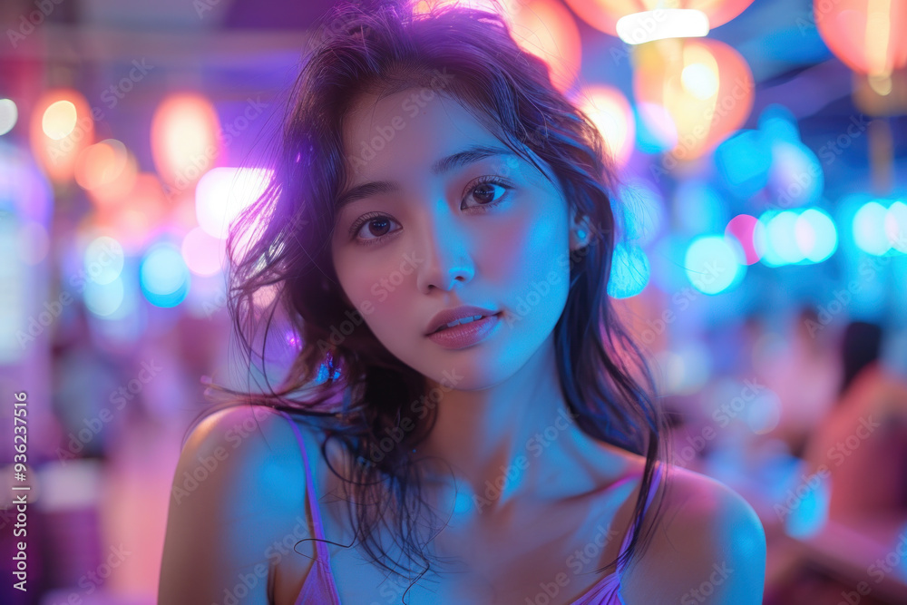 Portrait of a young woman with dreamy bokeh lights in background Portrait of a young woman with dreamy bokeh lights in background