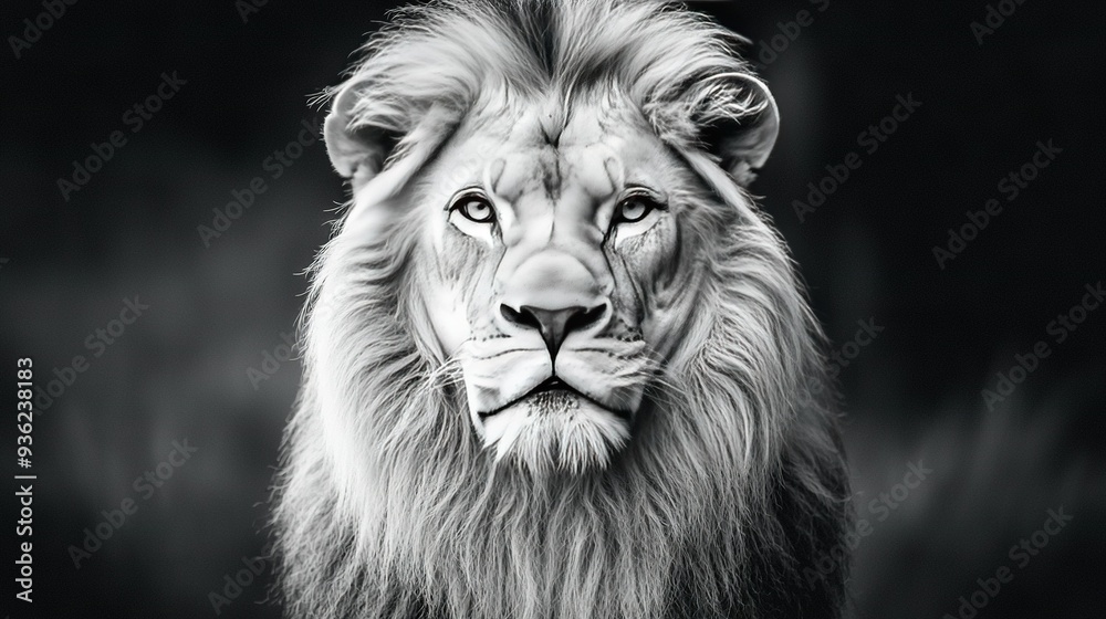 Black-and-white photo of a lion with piercing blue eyes and a fierce expression on its face Black-and-white photo of a lion with piercing blue eyes and a fierce expression on its face