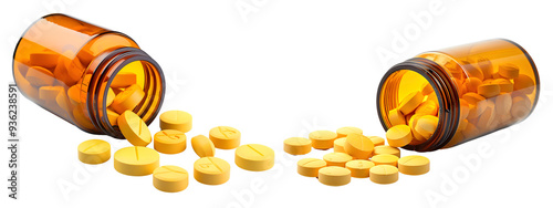 High-resolution PNG image of a bottle of vitamin C supplements with a few tablets scattered around, isolated on a white background