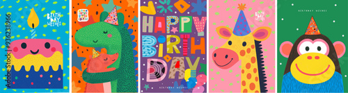 Happy Birthday! Vector illustration of kids cute naive  modern animal drawings, character, dino, dinosaur, monkey, giraffe, birthday cake with candle, font for greeting card, poster, invitation 