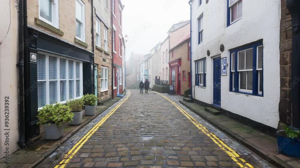 People walking along the quite streets of Staithes a sleepy fishing village on the Yorkshire coast of England. With cobbled streets and old stone built houses. Harbor walls and friendly public houses. People walking along the quite streets of Staithes a sleepy fishing village on the Yorkshire coast of England. With cobbled streets and old stone built houses. Harbor walls and friendly public houses.
