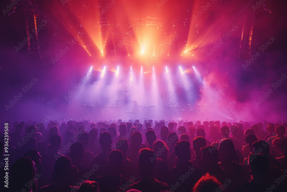 Excited crowd dancing under colorful lights at nightclub Excited crowd dancing under colorful lights at nightclub